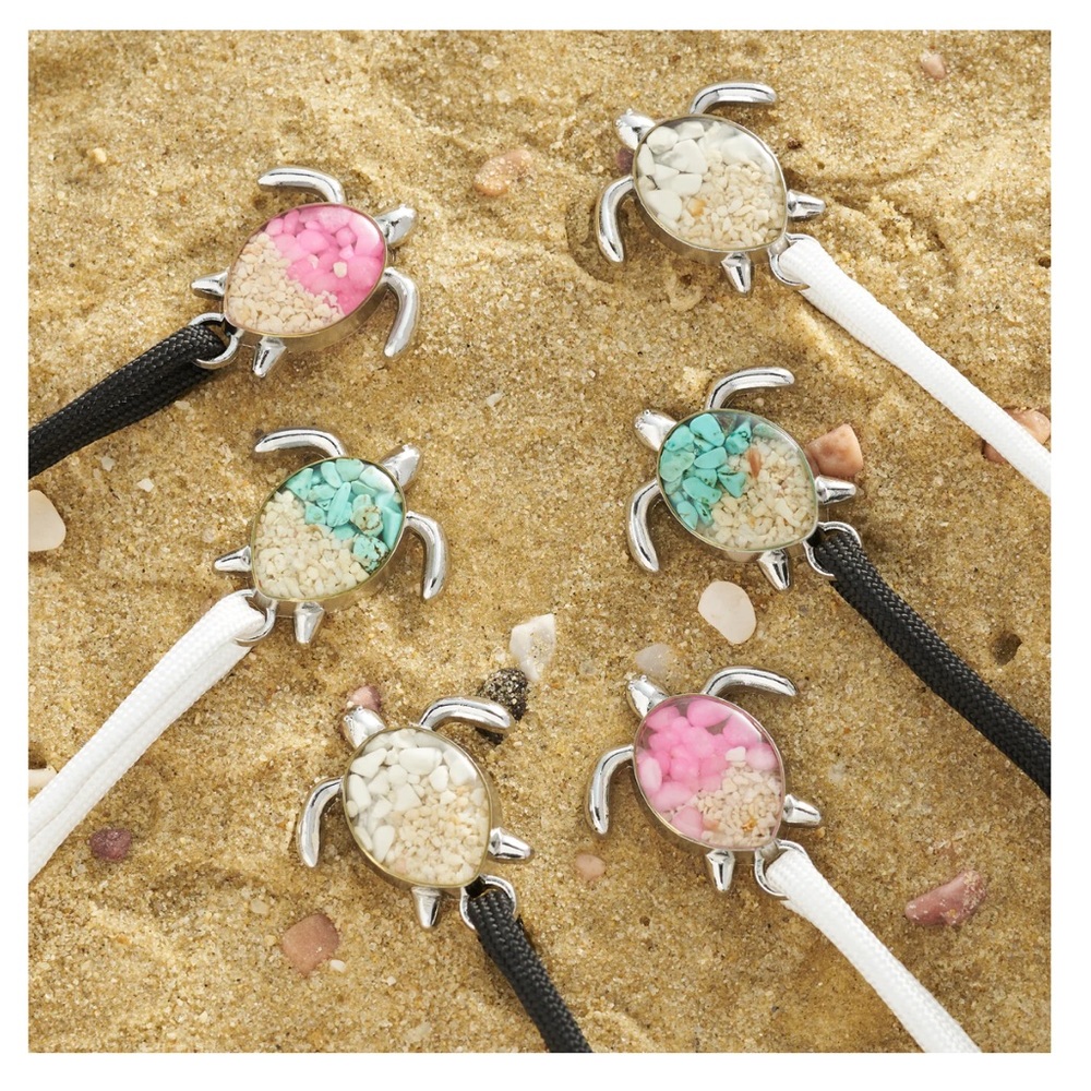 🔴CLEARANCE🔖 NWT 🏝️ SILVER PINK/BEIGE SAND SEA TURTLE BLACK STRETCH ROPE BRACELET - Picture 5 of 8